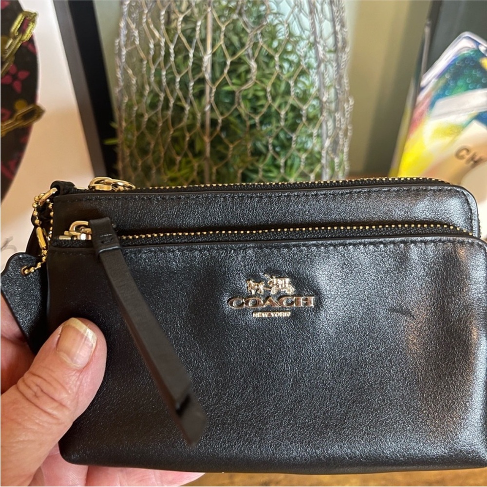 Coach Black Leather Wristlet with gold accents